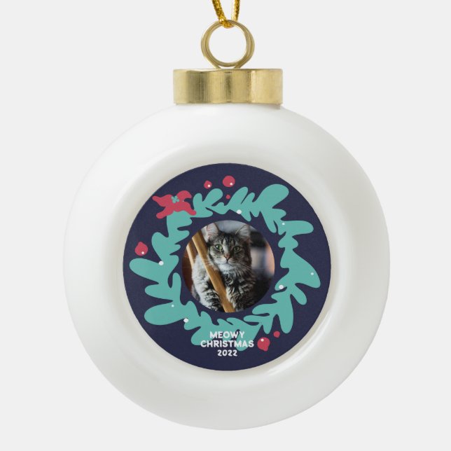 Custom pet photo, Christmas wreath frame  Ceramic Ball Christmas Ornament (Front)