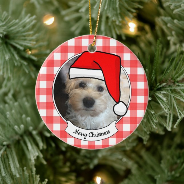 Custom Pet Photo Country Red Buffalo Check Plaid Ceramic Ornament (Tree)