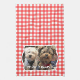 Custom Pet Photo Country Red Buffalo Check Plaid Kitchen Towel
