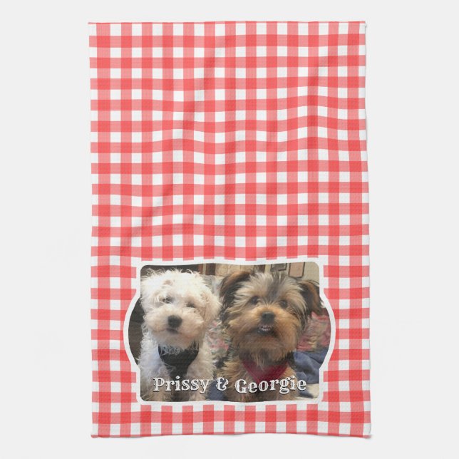 Custom Pet Photo Country Red Buffalo Check Plaid Kitchen Towel (Vertical)