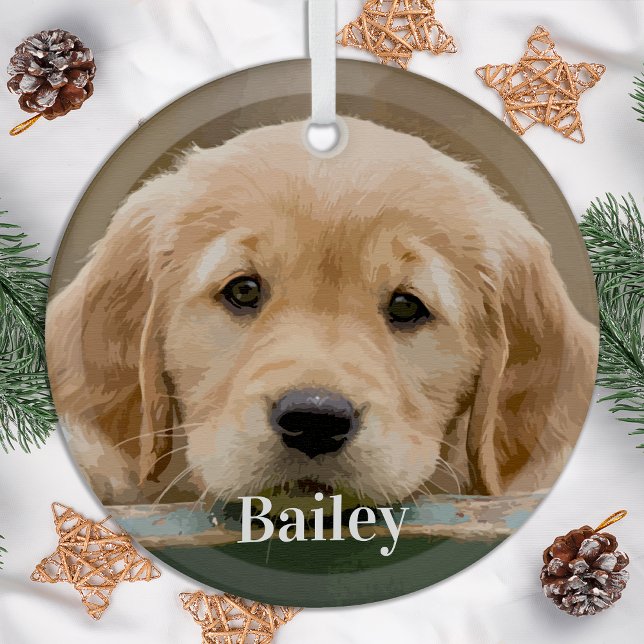 Custom Pet Photo Dog Lover Modern Simple  Keepsake Glass Ornament (Creator Uploaded)