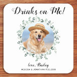 Custom Pet Photo Eucalyptus Dog Wedding Open Bar Square Paper Coaster<br><div class="desc">Drinks On Me! Add the finishing touch to your wedding with these cute custom photo wedding coasters . Perfect for your wedding after party and reception, and as wedding favours for your guests. Customize these photo dog wedding coasters with your favourite wedding photo, dog of honours photo, or your newlywed...</div>