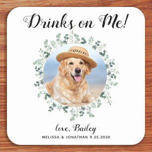 Custom Pet Photo Eucalyptus Dog Wedding Open Bar Square Paper Coaster