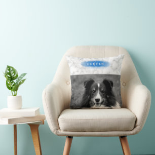 Custom Pet Photo & Faux Marble Texture With Blue Throw Pillow