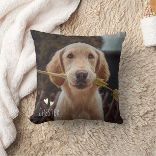 Custom Pet Photo Handwritten Name Hearts Cute Throw Pillow