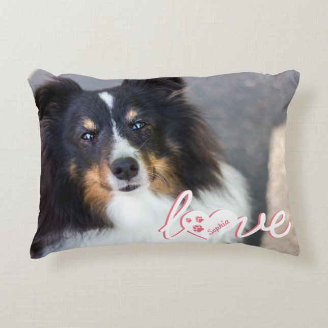 Custom Pet Photo & Love Text With Paws & Name Accent Pillow (Front)