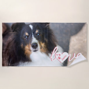 Custom Pet Photo & Love Text With Paws & Name Beach Towel
