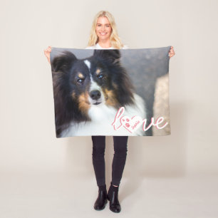 Custom Pet Photo & Love Text With Paws & Name Fleece Blanket
