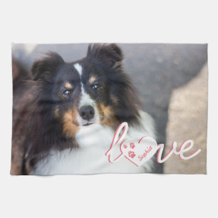 Custom Pet Photo & Love Text With Paws & Name Kitchen Towel