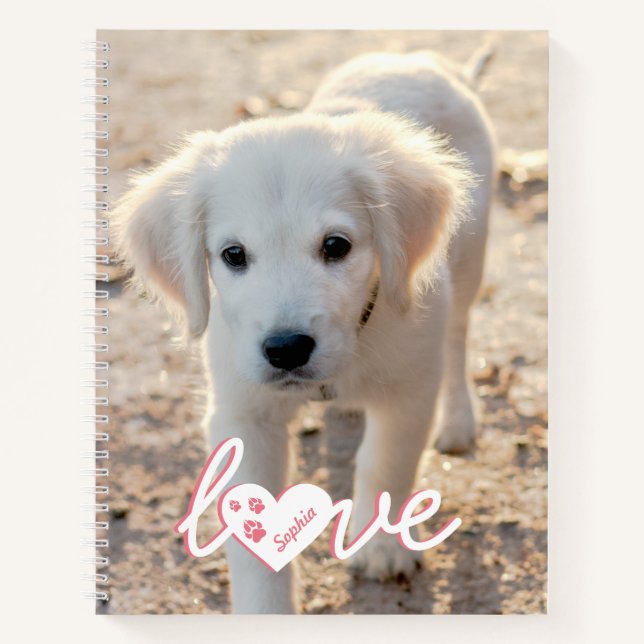 Custom Pet Photo & Love Text With Paws & Name Notebook (Front)
