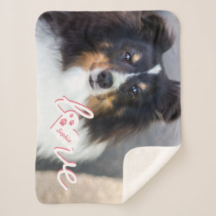 Custom Pet Photo & Love Text With Paws & Name Sherpa Blanket