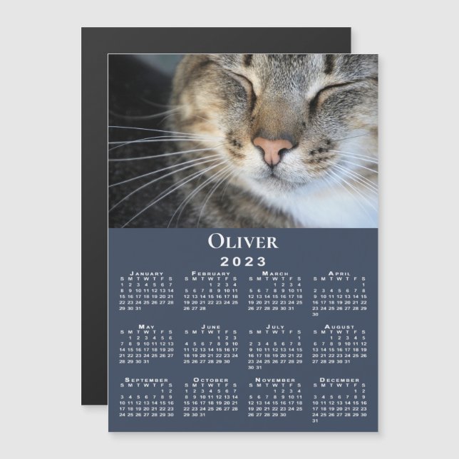 Custom Pet Photo Name 2023 Calendar Navy Magnet (Front/Back)