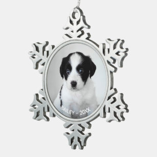 Custom Pet Photo Name and Year Snowflake Pewter Christmas Ornament