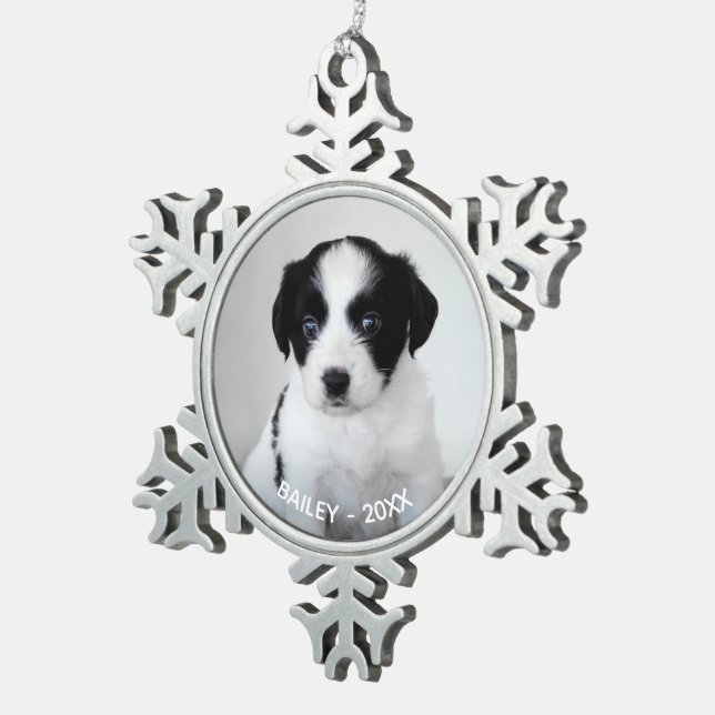 Custom Pet Photo Name and Year Snowflake Pewter Christmas Ornament (Right)