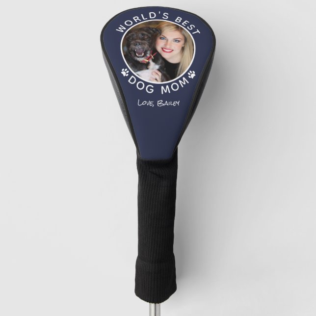 Custom Pet Photo Name Best Dog Mom Navy Blue Golf Head Cover (Front)