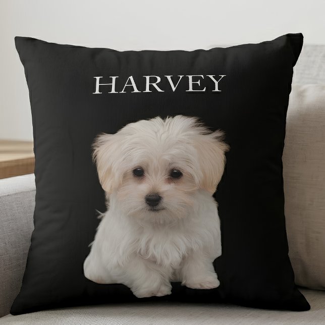 Custom Pet Photo & Name Black "Harvey" Throw Pillow (Creator Uploaded)