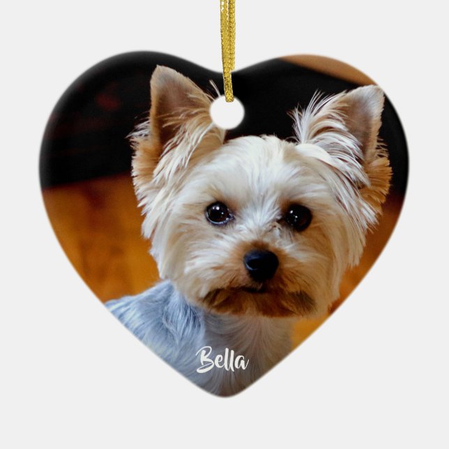 Custom Pet Photo Name Handwritten Script Ceramic Ornament (Front)