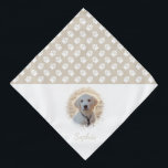 Custom Pet Photo & Name With Beige And White Paws Bandana<br><div class="desc">Beautiful and personalizable pet photo template design with white paws on a beige (changeable) background colour. Change the sample photo to a photograph of your own pet and personalize the name and text field with your custom text. Half of the item is reserved for a pet photo and custom text...</div>