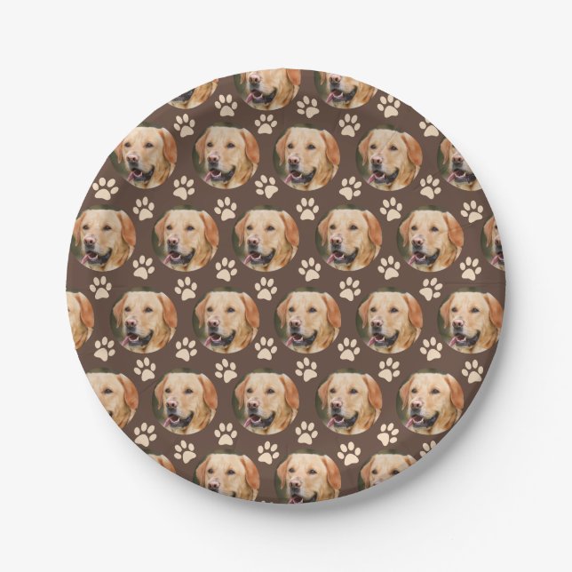 Custom Pet Photo Pattern Dog Brown Paper Plate (Front)