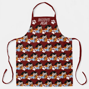 Custom Pet Photo Pattern Name Burgundy w Paw Print Apron