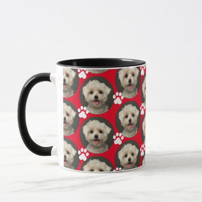 Custom Pet Photo Paw Print Pattern Red Mug (Left)