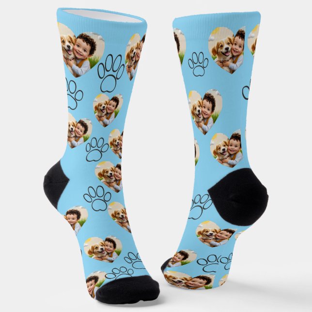 Custom Pet Photo & Paw Prints Black Socks (Angled)