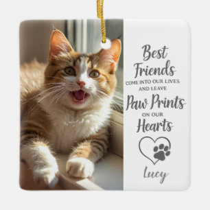 Custom Pet Photo Paw Prints on Our Hearts Memorial Ceramic Ornament