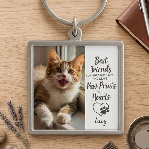 Custom Pet Photo Paw Prints on Our Hearts Memorial Keychain
