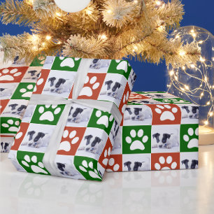 Custom Pet Photo Red and Green Paw Print Pattern Wrapping Paper