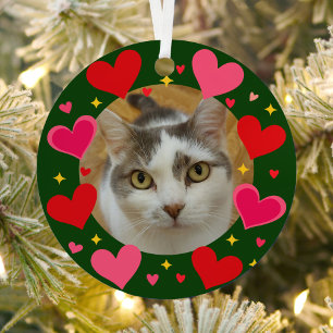 Custom Pet Photo Red Pink Hearts Personalized Metal Ornament