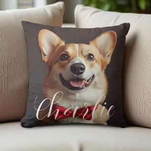 Custom Pet Photo Script Name Simple Calligraphy Throw Pillow