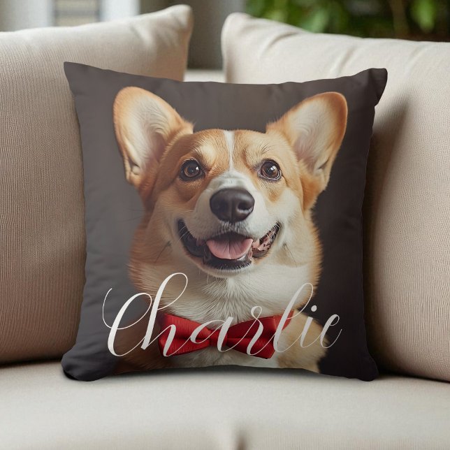Custom Pet Photo Script Name Simple Calligraphy Throw Pillow (Custom Pet Photo Script Name Simple Calligraphy Throw Pillow)