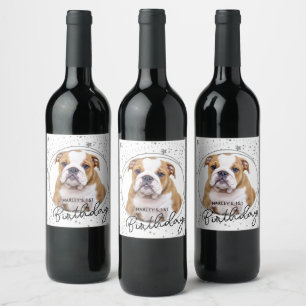 Custom Pet Photo Silver Glitter Stars Dog Birthday Wine Label