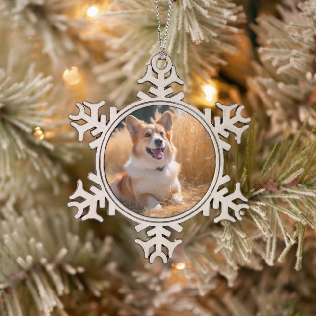Custom Pet Photo Snowflake Pewter Christmas Ornament (Tree)