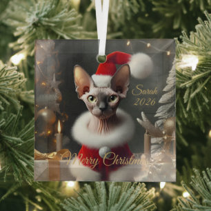 Custom Pet Photo Sphynx Cat Christmas 2026 Glass Ornament