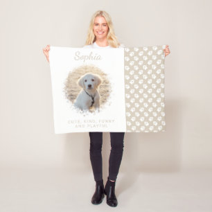 Custom Pet Photo Template On Beige & Paws And Text Fleece Blanket