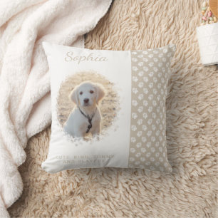 Custom Pet Photo Template On Beige & Paws And Text Throw Pillow