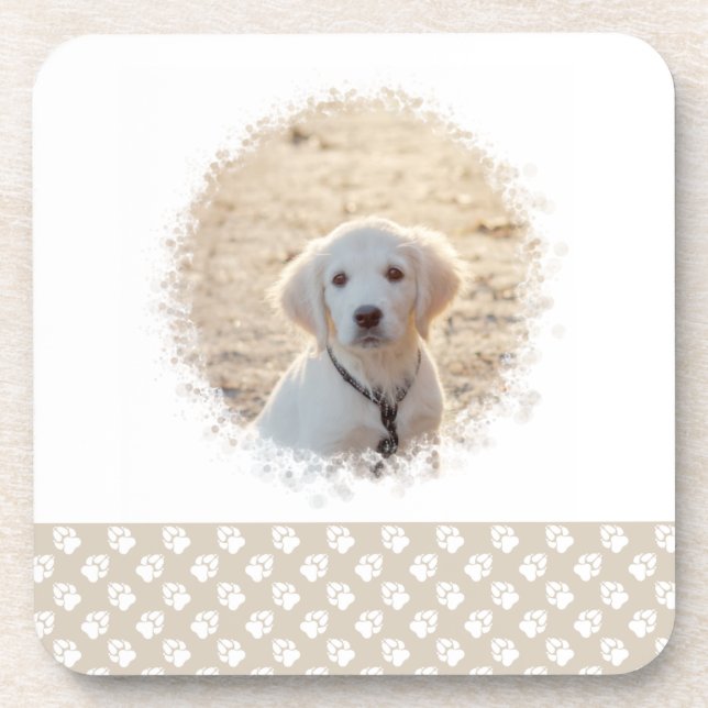 Custom Pet Photo Template & White Paws On Beige Coaster (Front)