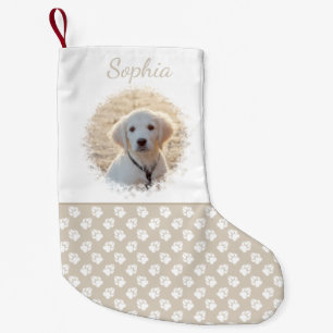 Custom Pet Photo Template With Beige & White Paws Small Christmas Stocking
