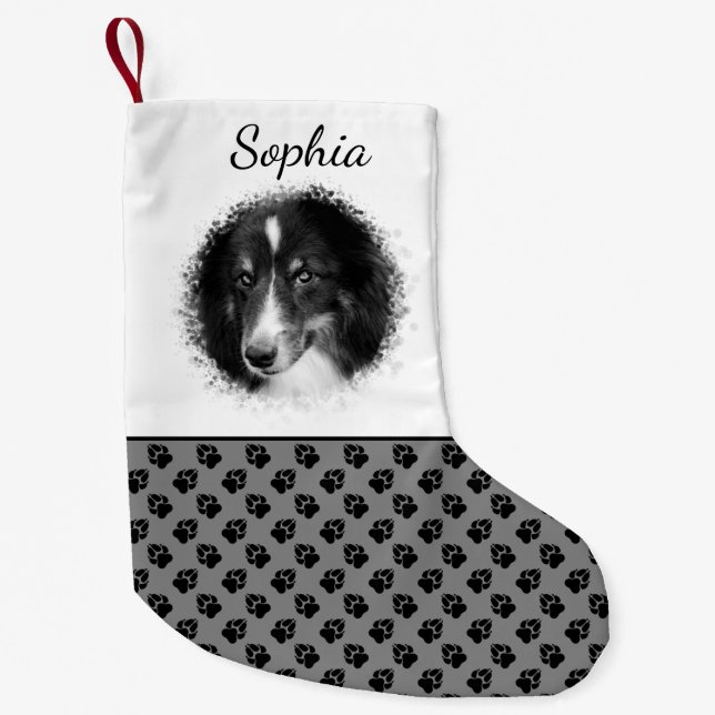 Custom Pet Photo Template With Black Paws On Grey Small Christmas Stocking (Front)