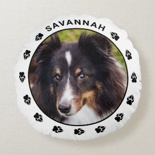 Custom Pet Photo Template With Paws & Name Round Pillow