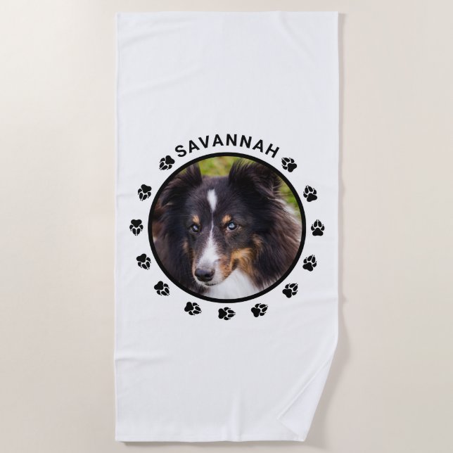 Custom Pet Photo Template With Paws & Text Beach Towel (Front)