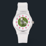 Custom Pet Photo Watch - Pink Paw Prints<br><div class="desc">A watch featuring a pink paw prints with numerals.  Personalize with your own pet photo upload at centre.</div>
