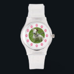 Custom Pet Photo Watch - Pink Paw Prints<br><div class="desc">A watch featuring a pink paw prints with numerals.  Personalize with your own pet photo upload at centre.</div>