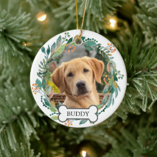 Custom Pet Photo Watercolor Greenery Floral Wreath Ceramic Ornament