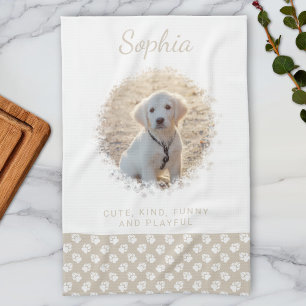 Custom Pet Photo & White Paws On Beige & Your Text Kitchen Towel