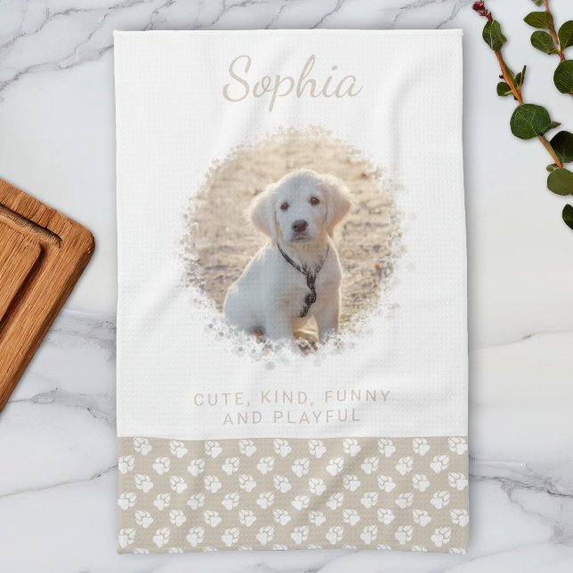 Custom Pet Photo & White Paws On Beige & Your Text Kitchen Towel (Creator Uploaded)