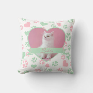 Custom Pet Photo with Cat Paw Prints Pattern Throw Pillow