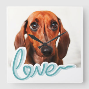 Custom Pet Photo with LOVE in Blue Typography  Square Wall Clock