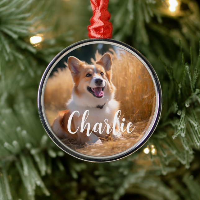 Custom Pet Photo with Name Metal Ornament (Tree)